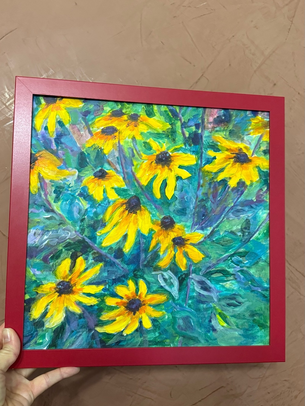 Original Yellow Coneflowers Painting in Red Frame 12”x 12”